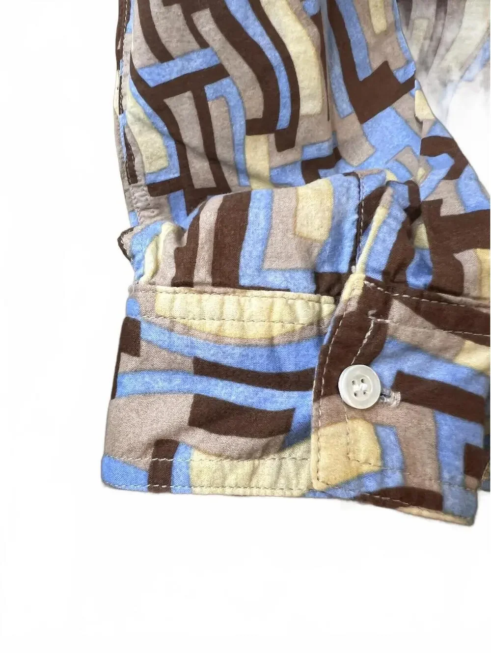 J. McLaughlin Printed Cotton Top Abstract Art Retro Blue & Brown Button Up Small - Picture 6 of 10